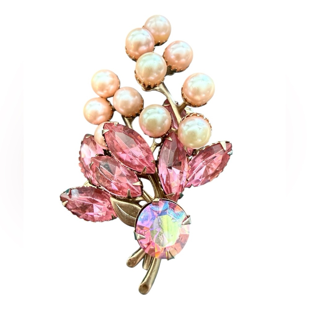 Mid Century Vintage Sparkling Pink Rhinestone Pearl Spray Brooch